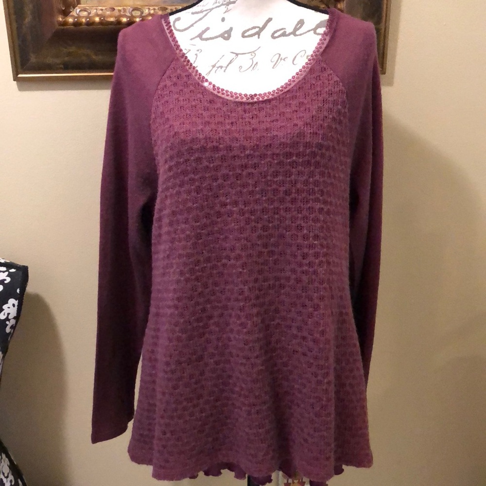 🍷Cupio Bohemian soft mixed knit ruffle layer sequins trim long sleeve sweater